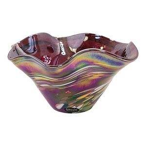 Glass Eye Studio Art Glass Ruffle Bowl Iridescent Luster‎ Red Swirl Candy Dish